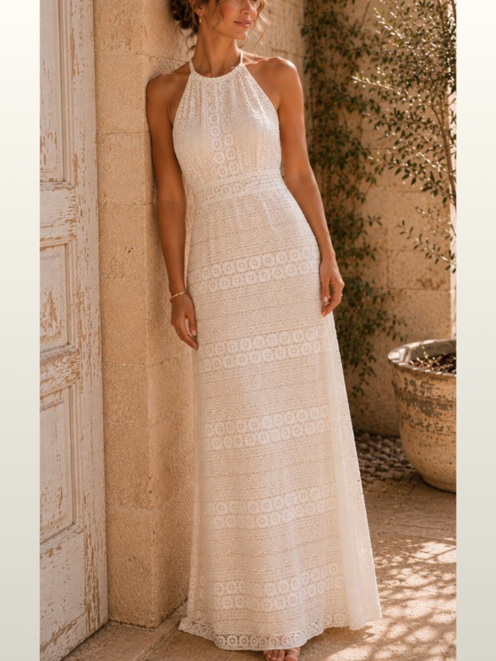 Max Studio Ivory Lace Halter Maxi Dress M Romantic Bridal Resort Ethereal NWT